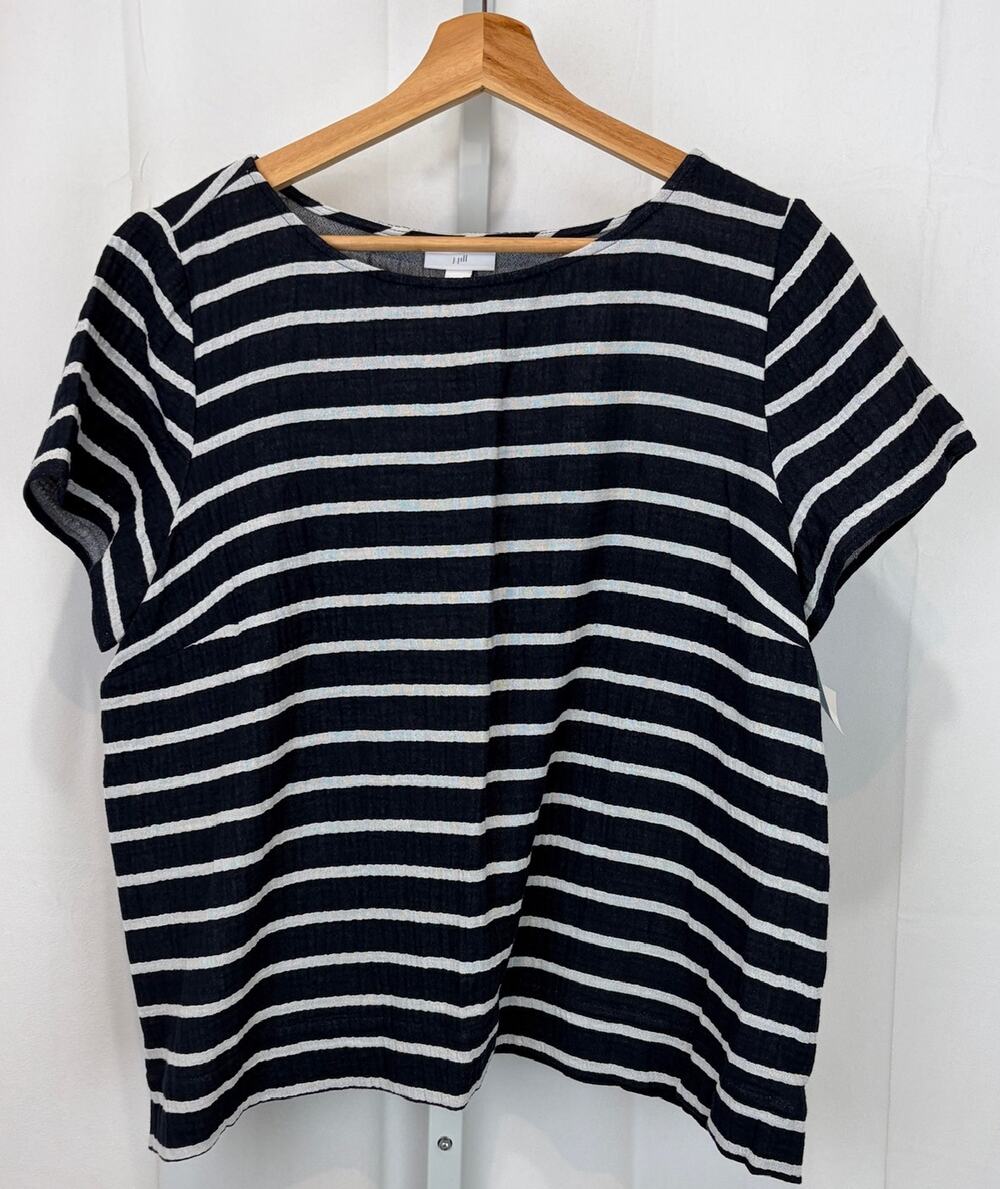 NWT J. JILL Striped Crinkle Cotton Gauze Short Sleeve Top Navy Blue White Size L